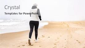 Presentation with girl running on the beach clouds - PPT layouts consisting of beautiful-woman-running-walking background and a sky blue colored foreground