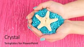  Presentation with salt - Theme with beautiful woman's hands holding handful of sea salt on color background background and a coral colored foreground