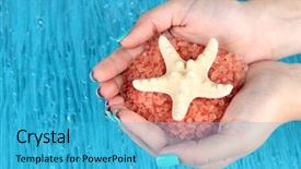  Presentation with salt - Beautiful presentation featuring beautiful woman's hands holding handful of sea salt on color background backdrop and a teal colored foreground