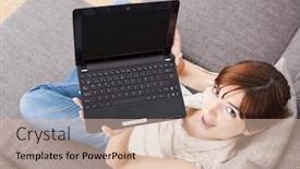  Presentation with laptop - PPT layouts featuring beautiful-woman-seated-on-sofa background and a lemonade colored foreground