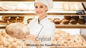  Presentation with bakery - Presentation design with beautiful woman selling bread in bakery offering a loaf background and a lemonade colored foreground