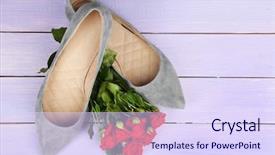  Presentation with rustic wood and flowers - Theme consisting of beautiful woman shoes with flowers background and a  colored foreground