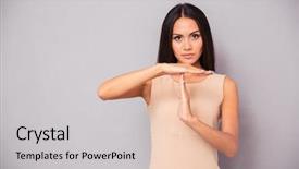  Presentation with time is running out - PPT theme consisting of beautiful woman showing time background and a light gray colored foreground