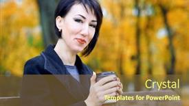  Presentation with fall season - Beautiful PPT theme featuring beautiful woman sitting with coffee in autumn city park fall season yellow leaves backdrop and a tawny brown colored foreground
