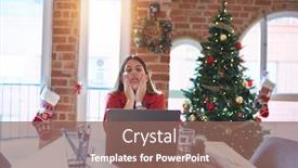  Presentation with sadness - Beautiful slide set featuring beautiful woman sitting at the table working with laptop at home around christmas tree tired hands covering face depression and sadness upset and irritated for problem backdrop and a violet colored foreground