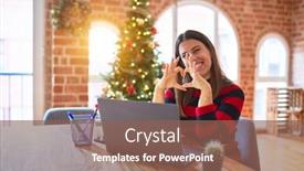  Presentation with heart shape tree - Slide set with beautiful woman sitting at the table working with laptop at home around christmas tree smiling in love doing heart symbol shape with hands romantic concept background and a violet colored foreground