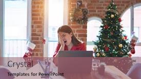  Presentation with face pain - Beautiful PPT theme featuring beautiful woman sitting at the table working with laptop at home around christmas tree yawning tired covering half face eye and mouth with hand face hurts in pain backdrop and a violet colored foreground