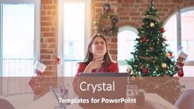  Presentation with sore throat - Slide set enhanced with beautiful woman sitting at the table working with laptop at home around christmas tree touching painful neck sore throat for flu clod and infection background and a coral colored foreground