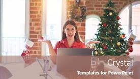  Presentation with comparison - Presentation design with beautiful woman sitting at the table working with laptop at home around christmas tree smiling showing both hands open palms presenting and advertising comparison and balance background and a coral colored foreground