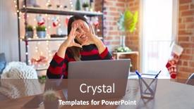  Presentation with romantic christmas - Presentation theme consisting of beautiful woman sitting at the table working with laptop at home around christmas lights smiling in love showing heart symbol and shape with hands romantic concept background and a tawny brown colored foreground