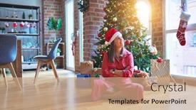  Presentation with christmas presents - Colorful slide deck enhanced with beautiful-woman-sitting backdrop and a coral colored foreground
