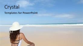 Presentation with straw - Cool new presentation theme with beautiful woman sitting on the beach with straw hat backdrop and a light blue colored foreground