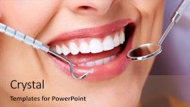  Presentation with happy smiling woman dental health - PPT theme consisting of beautiful woman smile dental health background and a coral colored foreground