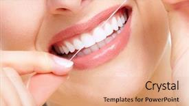  Presentation with dental floss - Theme consisting of beautiful woman smile dental health background and a coral colored foreground