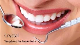  Presentation with happy smiling woman dental health - Cool new slide deck with beautiful woman smile dental health backdrop and a coral colored foreground