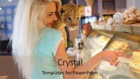  Presentation with funny - Amazing theme having beautiful woman smiles and holds funny calf of lion near showcase in cafe backdrop and a coral colored foreground