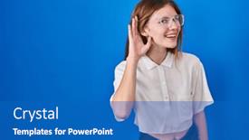  Presentation with hearing - Slides consisting of beautiful-woman-standing-over-blue background and a teal colored foreground