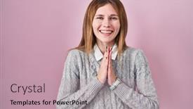  Presentation with praying hands - Slide set with beautiful-woman-standing-over-pink background and a mint green colored foreground