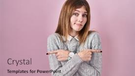  Presentation with fingers - Presentation design enhanced with beautiful-woman-standing-over-pink background and a coral colored foreground