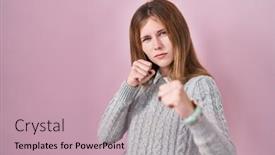  Presentation with violence woman - Slides enhanced with beautiful-woman-standing-over-pink background and a coral colored foreground