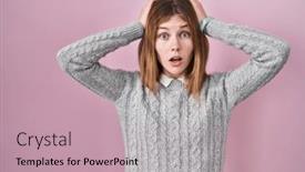  Presentation with woman hands open - Presentation having beautiful-woman-standing-over-pink and a coral colored foreground