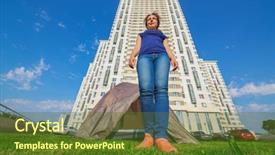  Presentation with tall buildings - Slide deck consisting of beautiful woman stands on grass near tent tall buildings and cars at sunny day background and a tawny brown colored foreground