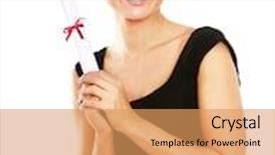  Presentation with diploma - Slides having beautiful woman student with diploma isolated on white background background and a yellow colored foreground