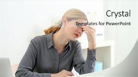  Presentation with headache - Colorful PPT theme enhanced with beautiful woman suffering from headache in office backdrop and a sky blue colored foreground