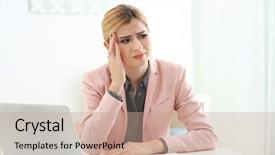  Presentation with headache - Slide deck enhanced with beautiful woman suffering from headache in office background and a coral colored foreground