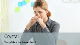  Presentation with headache - Cool new PPT theme with beautiful woman suffering from headache in office backdrop and a light gray colored foreground