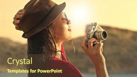  Presentation with beach - Audience pleasing PPT theme consisting of beautiful-woman-taking-a-picture backdrop and a tawny brown colored foreground