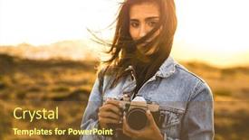  Presentation with outdoors - Slides with beautiful woman taking picture outdoors with a analog camera background and a tawny brown colored foreground