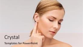  Presentation with skin anatomy face and head - Amazing PPT layouts having beautiful woman touching her ear backdrop and a coral colored foreground