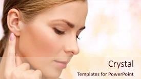  Presentation with health - Amazing slide deck having beautiful woman touching her ear backdrop and a lemonade colored foreground