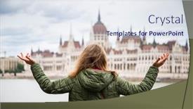  Presentation with budapest - Presentation theme having beautiful-woman-tourist-in-budapest background and a sky blue colored foreground