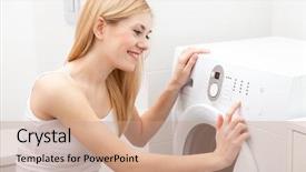  Presentation with machine - PPT theme featuring beautiful woman using a washing background and a coral colored foreground