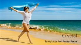  Presentation with walking - PPT theme having beautiful-woman-walking-on-sunny background and a  colored foreground