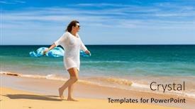  Presentation with walking - Presentation theme having beautiful-woman-walking-on-sunny background and a  colored foreground