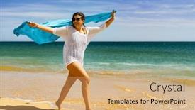  Presentation with walking - Theme with beautiful-woman-walking-on-sunny background and a  colored foreground