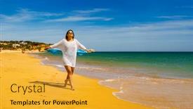  Presentation with walking - Presentation having beautiful-woman-walking-on-sunny background and a  colored foreground