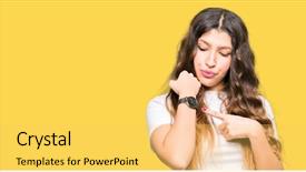  Presentation with arabian woman wearing hijab muslim - Cool new slide deck with beautiful woman wearing casual white backdrop and a  colored foreground