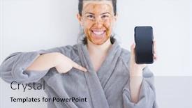  Presentation with skincare - Slide set enhanced with beautiful woman wearing cosmetic facial mask as skincare treatment showing smartphone screen with surprise face pointing finger to himself background and a light gray colored foreground
