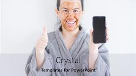  Presentation with skincare - Amazing presentation having beautiful woman wearing cosmetic facial mask as skincare treatment showing smartphone screen happy with big smile doing ok sign thumb up with fingers excellent sign backdrop and a light gray colored foreground