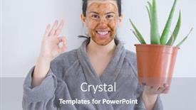  Presentation with beauty cosmetic - Presentation design featuring beautiful woman wearing cosmetic facial mask as skincare beauty treatment and holding aloe doing ok sign with fingers excellent symbol background and a gray colored foreground