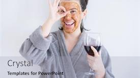  Presentation with eye glass - Audience pleasing theme consisting of beautiful woman wearing cosmetic facial mask as skincare treatment drinking glass of wine with happy face smiling doing ok sign with hand on eye looking through fingers backdrop and a light gray colored foreground