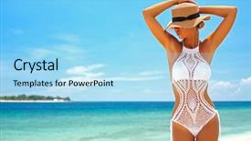  Presentation with crochet - PPT theme consisting of beautiful woman wearing crochet bikini background and a arctic colored foreground
