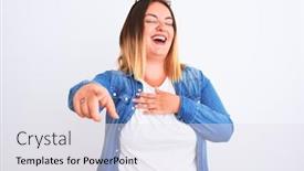  Presentation with denim - Presentation theme with beautiful woman wearing denim shirt standing over isolated white background laughing at you pointing finger to the camera with hand over body shame expression background and a sky blue colored foreground