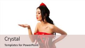  Presentation with elf - Audience pleasing PPT theme consisting of beautiful woman wearing elf clothes blowing kiss backdrop and a soft green colored foreground