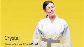  Presentation with karate - Beautiful presentation design featuring beautiful woman wearing karate kimono backdrop and a yellow colored foreground