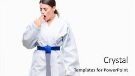  Presentation with karate - Audience pleasing PPT layouts consisting of beautiful woman wearing karate kimono backdrop and a white colored foreground
